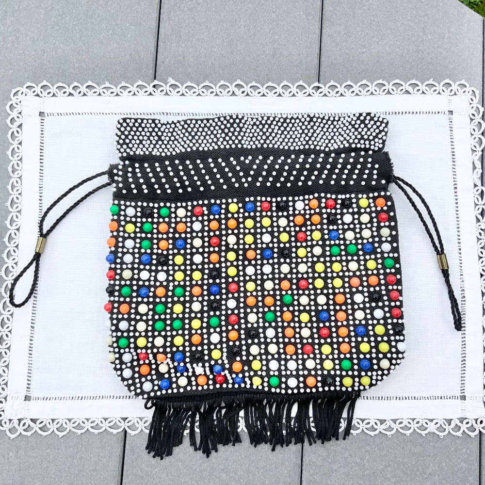Vintage Rare Beaded Fringe Candy Dot Bag Purse Wristlet REVERSIBLE- EUC!